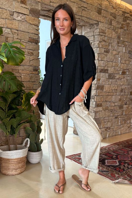 Made in Italy Pia Pillow Cotton Embroidered Tile Classic Shirt Black /91 